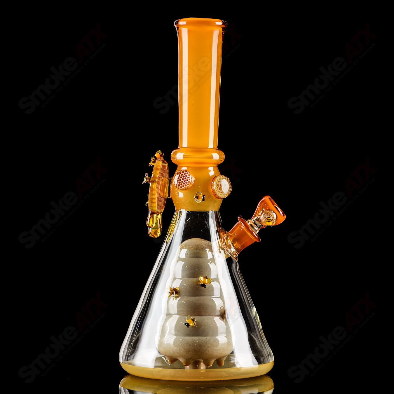 Worked Bee Hive Beaker by Joe P Glass, a colorful heady glass beaker with intricate hive patterns and vibrant design details.