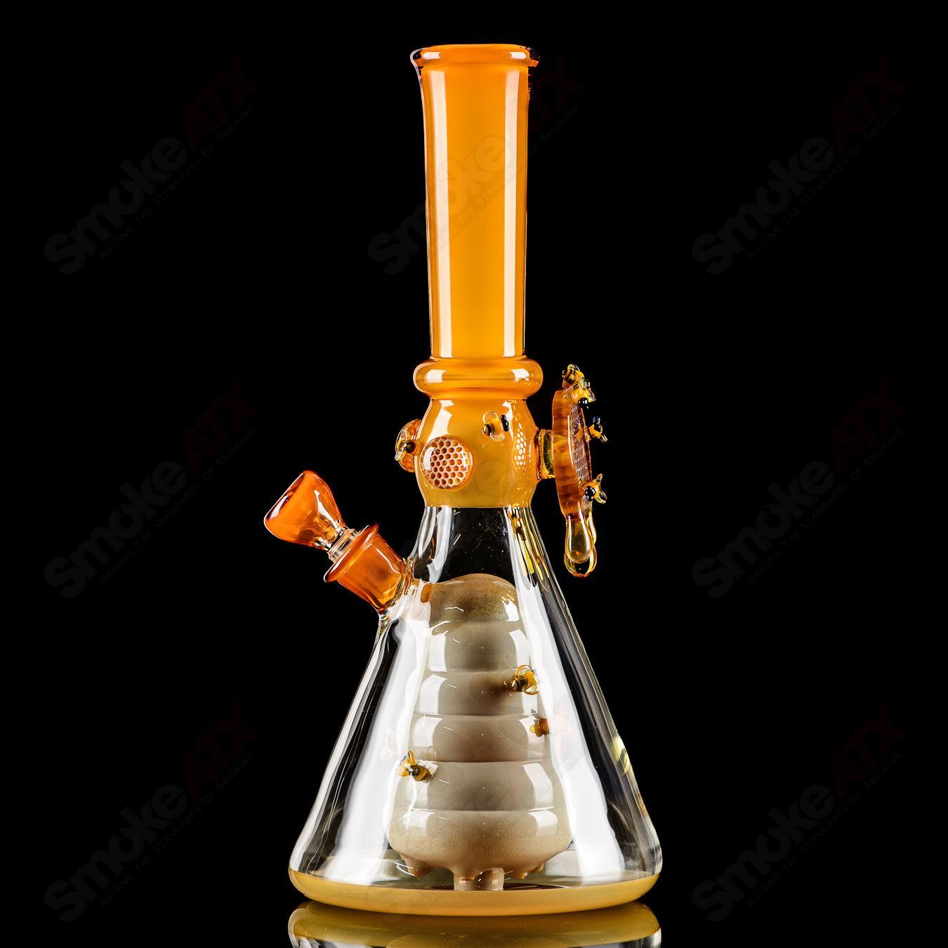 Glass beaker with intricate worked bee hive design by Joe P Glass, part of the 2023 Heady Glass Beakers collection.