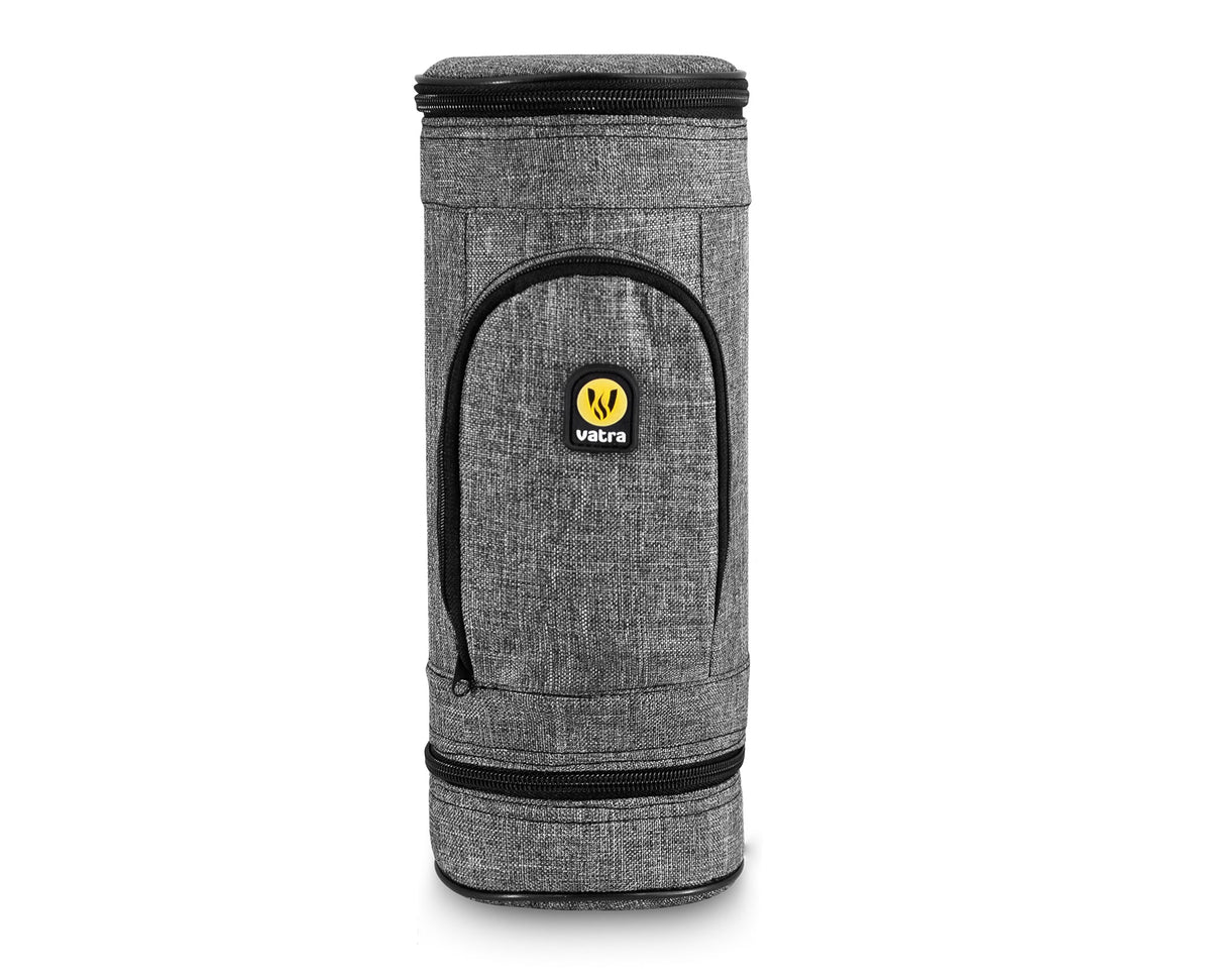 Woven gray 12-inch Matrix Cylinder Bag by Vatra, protective case with durable woven design and cylindrical shape.