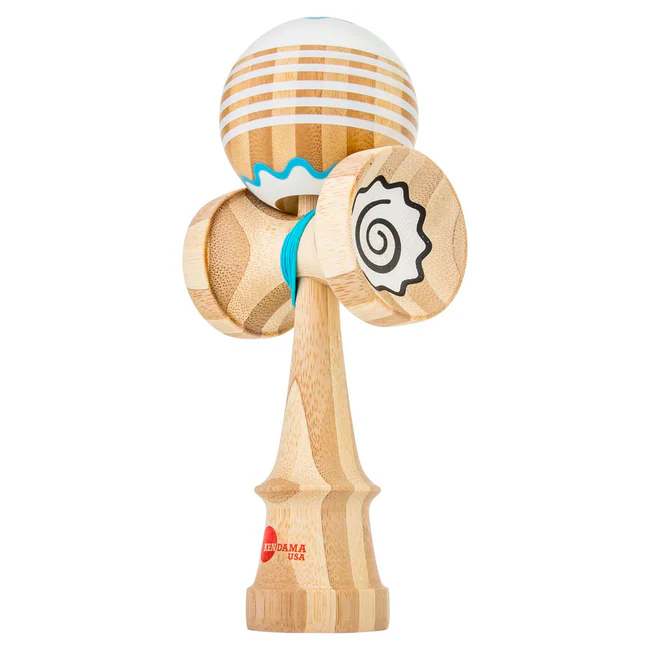 Jet Shape Fishcake Kaisen Kendama from Kendama USA featuring a colorful, fish-shaped wooden kendama for skill and play.