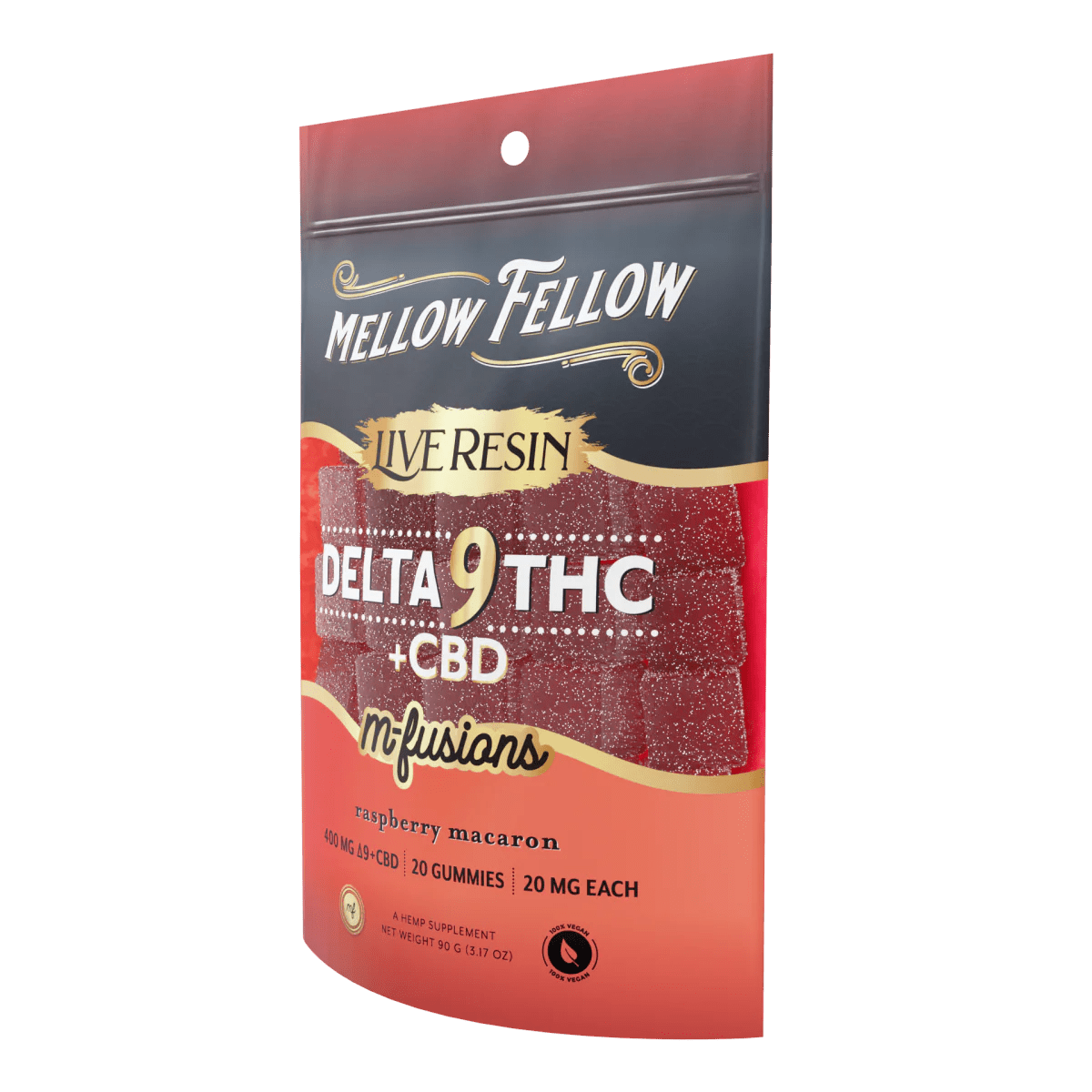 400mg Raspberry Macaron D9+CBD M-Fusions Gummies by Mellow Fellow, hemp edibles with raspberry flavor in a 20-count package.