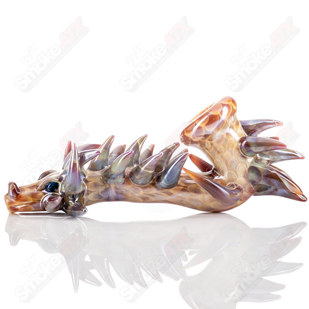 Focused Fire #2 Dragon Sherlock glass pipe featuring a detailed dragon design and a classic Sherlock shape for smooth smoking.