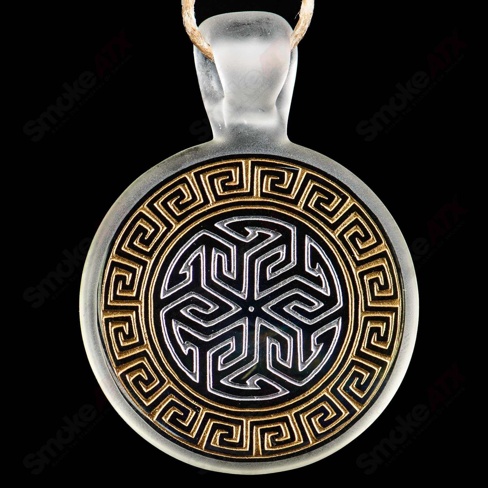 Alkaline Glass #2 Complex Inlay Pendant featuring intricate glass inlay design, shown on a transparent cord.