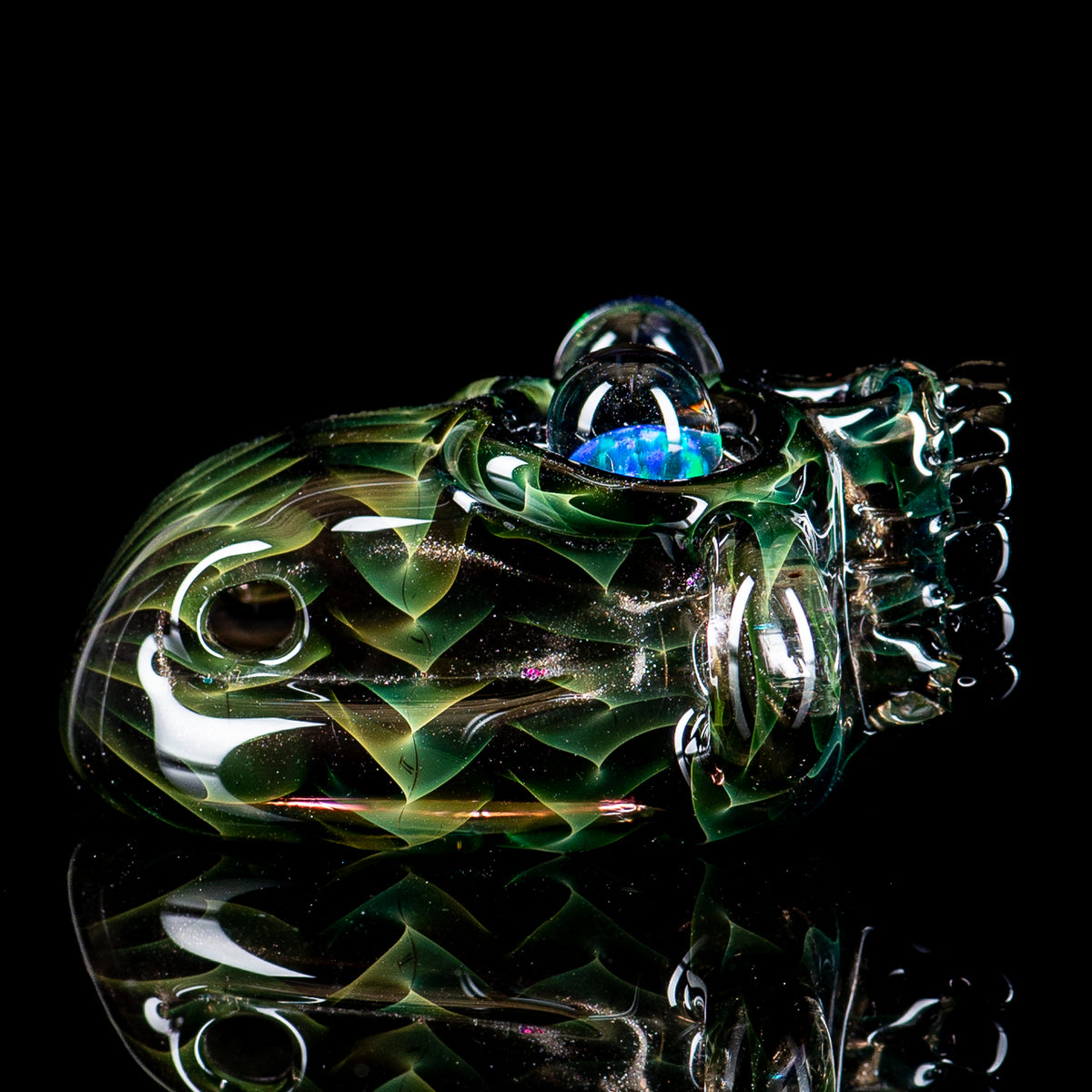 Akm X F-Time signed 2015 heady glass pendant featuring intricate glasswork and vibrant colors.