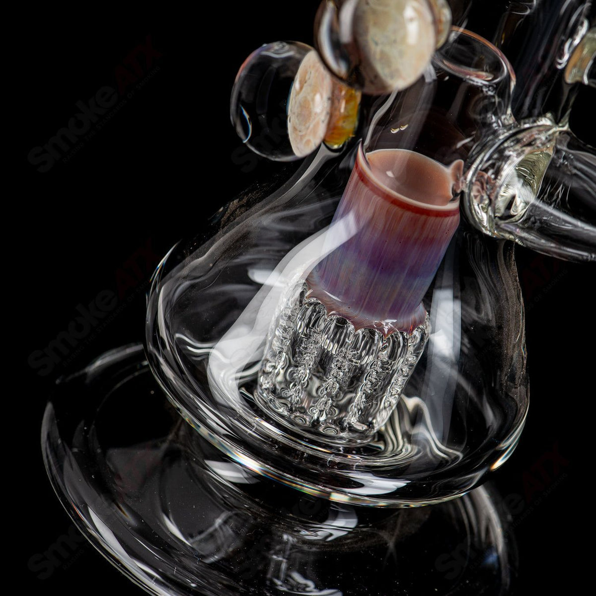 14.5-inch Dirty Rico Serendipity bent neck tube with 14mm bowl, featuring clear glass and intricate design details.