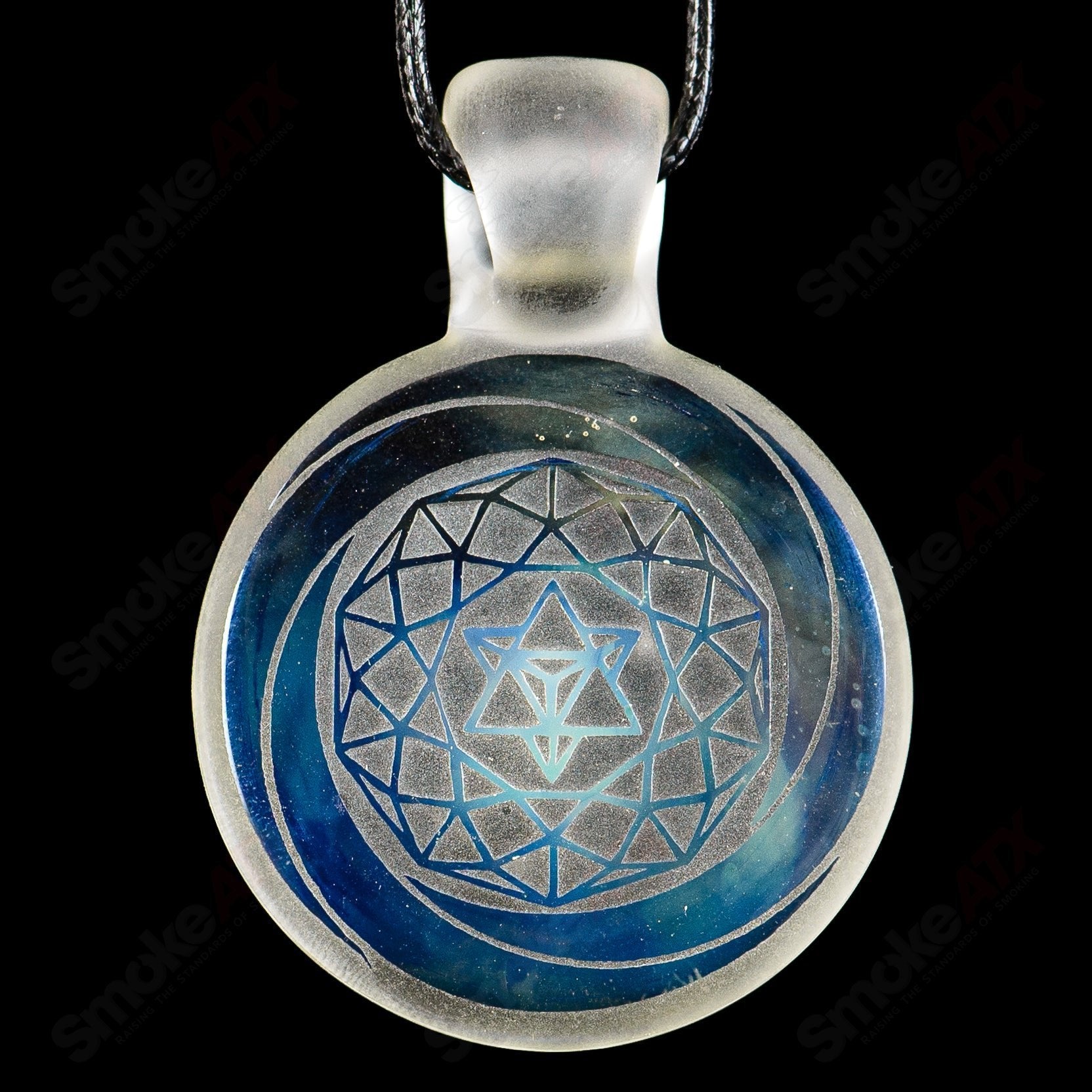 Alkaline Glass #5 Complex Inlay Pendant showcasing intricate glass inlay design in a clear glass pendant.