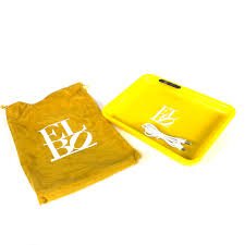 Yellow LED Elbo Glass rolling tray for 420 products, featuring illuminated edges and spacious surface for rolling accessories.