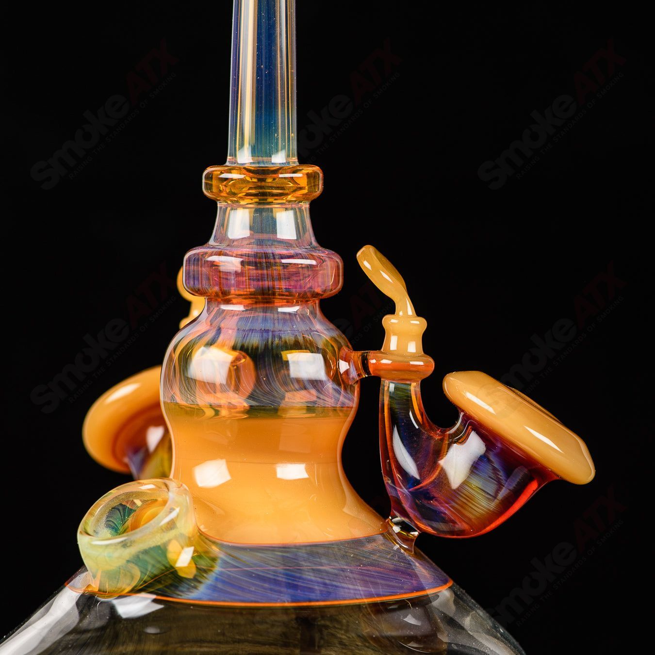 Yellow Venetian Sherlock Rig by JMass, a colorful glass concentrate rig with intricate patterns and a classic Sherlock design.