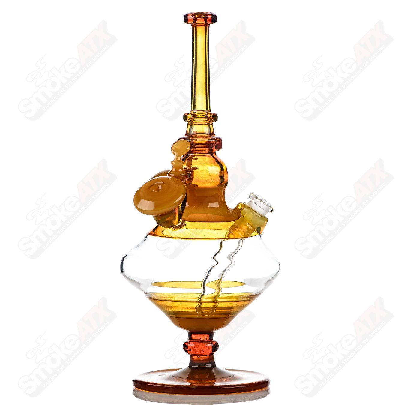 Yellow Venetian Sherlock Rig by JMass, a colorful glass concentrate rig with intricate patterns and a classic Sherlock shape.