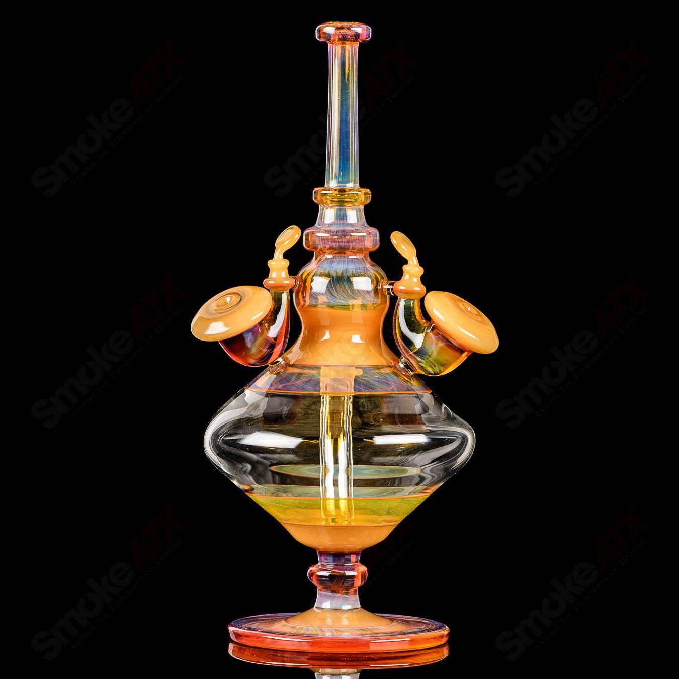 Yellow Venetian Sherlock Rig by JMass, a colorful glass concentrate rig with intricate patterns and a Sherlock-style design.