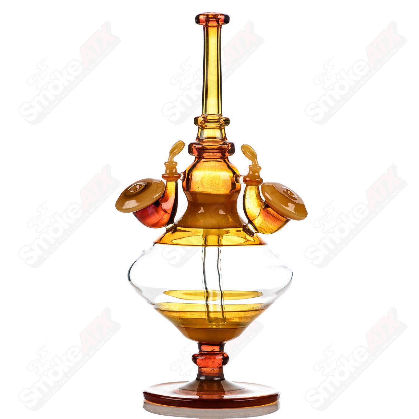Yellow Venetian Sherlock Rig by JMass, a colorful heady glass concentrate rig with intricate designs and a classic Sherlock shape.