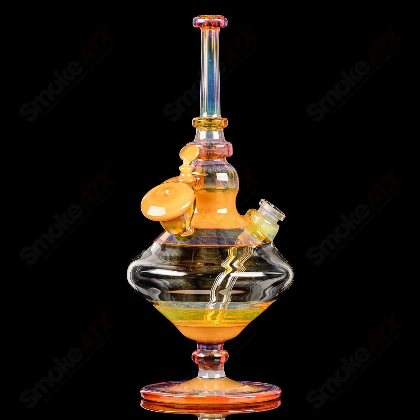 Yellow Venetian Sherlock Rig by JMass, colorful heady glass concentrate rig with intricate design and a Sherlock-style shape.