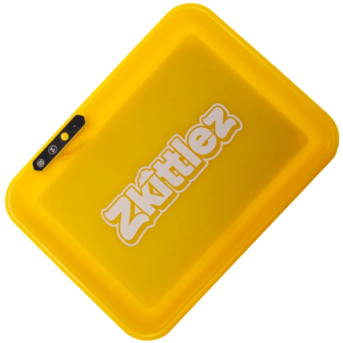 Yellow Zkittles Glow Tray for 420 rolling sessions, featuring vibrant yellow design and glow-in-the-dark elements from Glow Tray.
