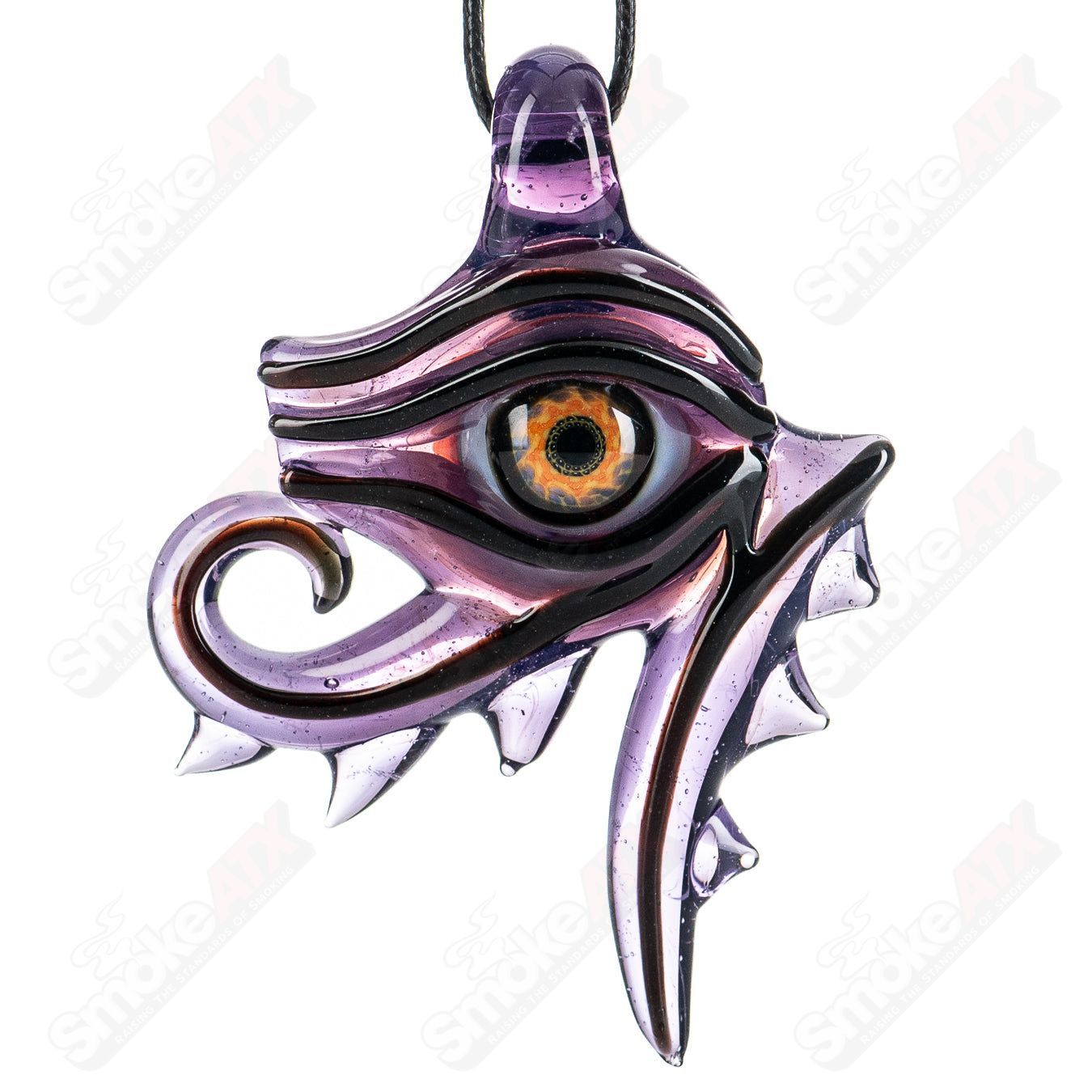 Eye of Horus pendant by Mako Glass, a detailed heady glass pendant featuring the iconic Egyptian symbol, handcrafted and colorful.