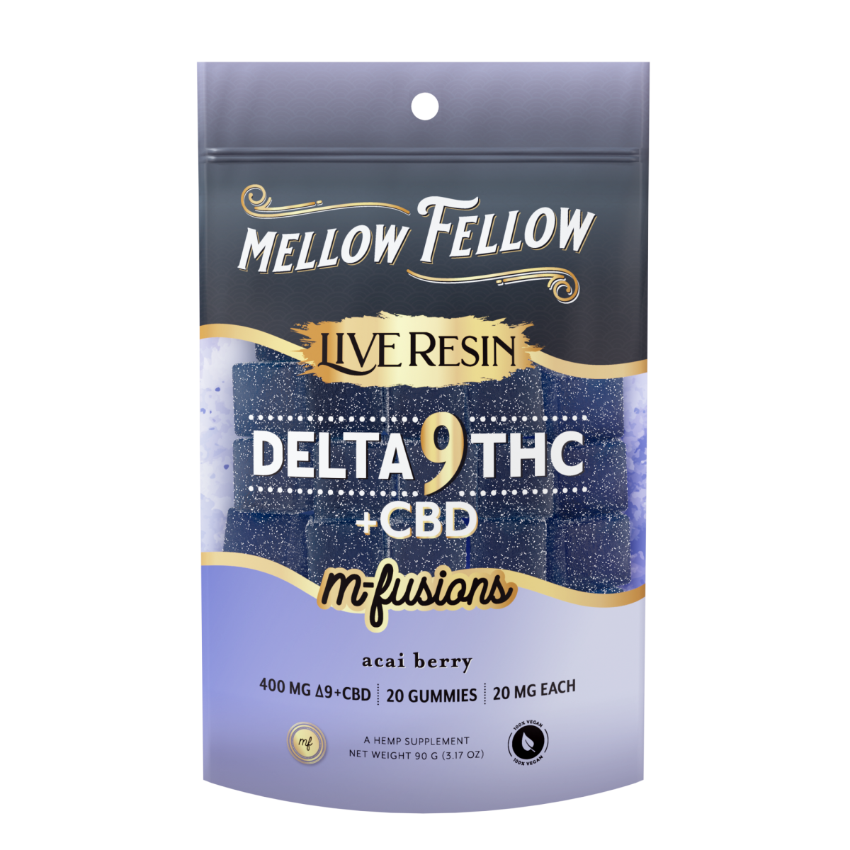 Mellow Fellow Acai Berry CBD hemp edibles, 400mg D9+CBD gummies in 20 count package, featuring colorful fruit-flavored gummies.