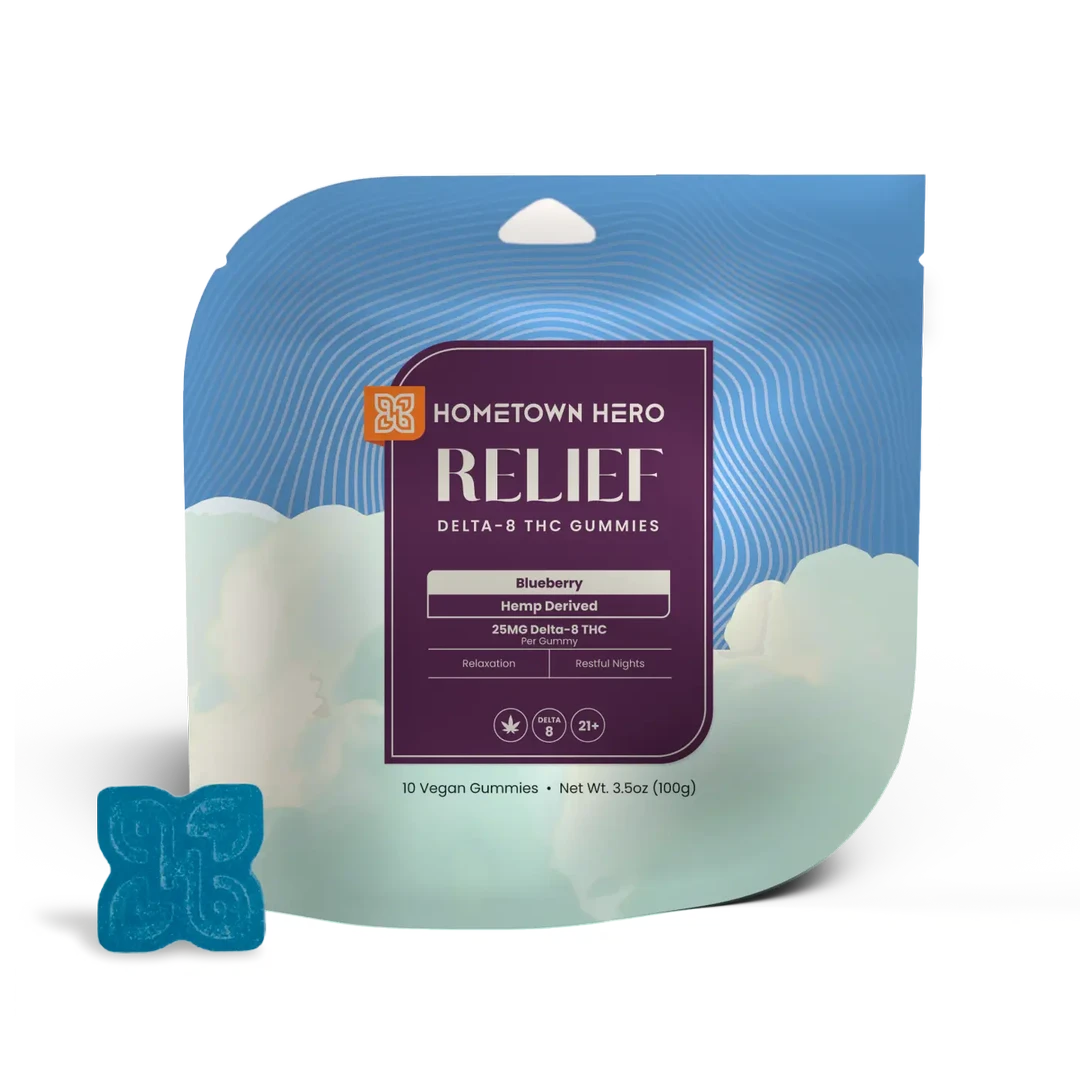 Blueberry Delta 8 hemp relief gummies by Hometown Hero, featuring 250mg of Delta 8 in a colorful gummy form.
