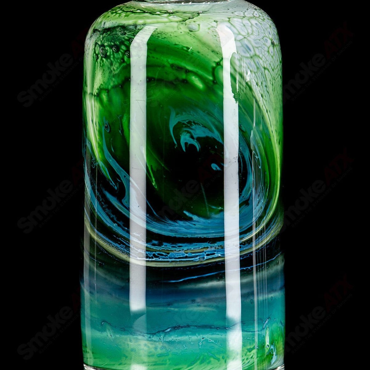 14-inch straight glass tube by Dirty Rico with green, white, and blue fade design, featuring a 14mm bowl and clear glass accents.