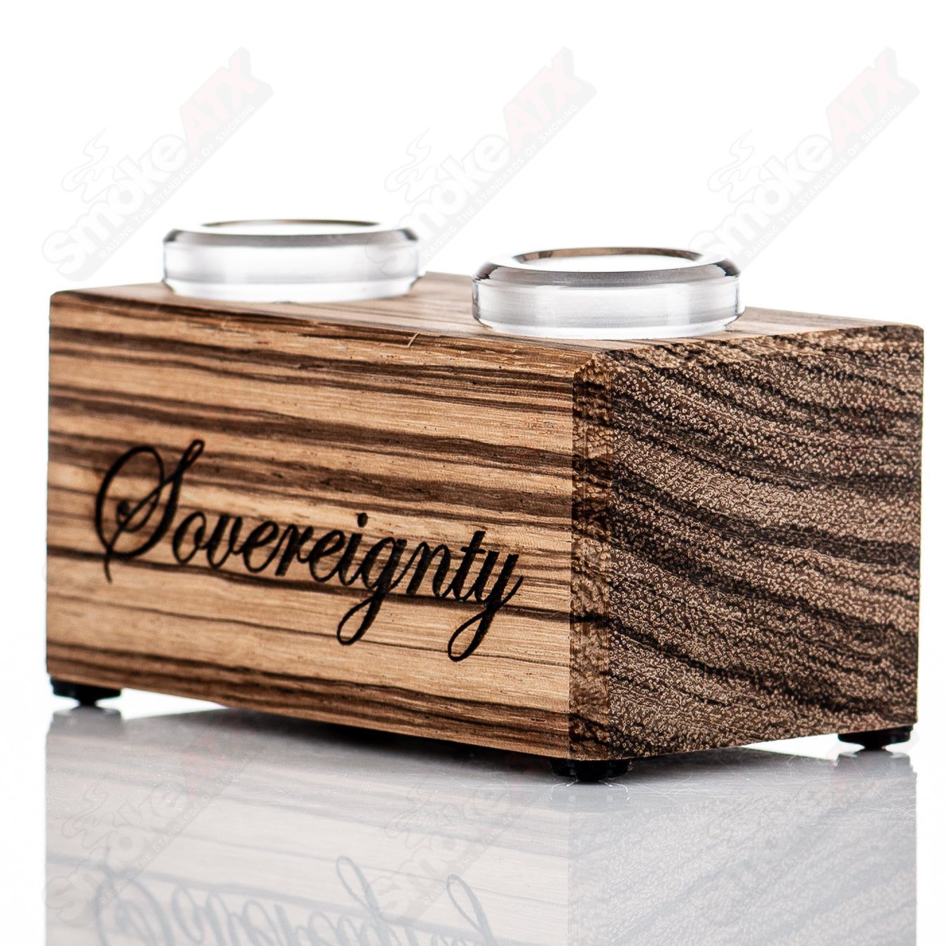 Zebrawood 2-hole slide stand for glass by Sovereignty Glass, featuring a natural wood finish and two support holes.