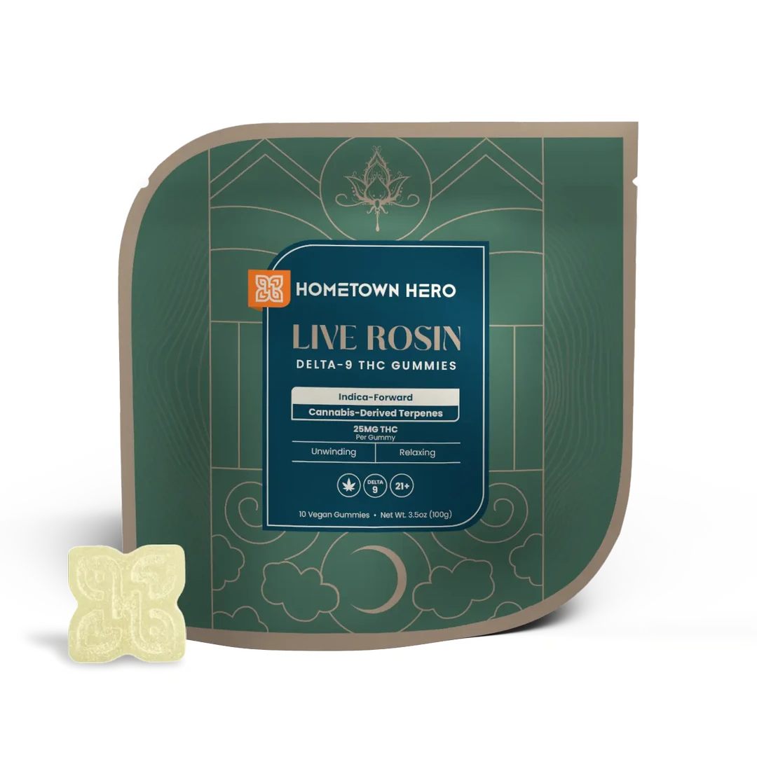 Hometown Hero Indica Forward D9 Live Rosin Gummies, hemp THC edibles with 250mg THC in a colorful package