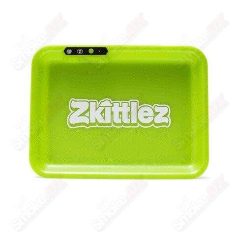Zkittlez™ Glow Tray® glow-in-the-dark rolling tray by Glow Tray, featuring colorful Zkittlez™ design and illuminated surface.