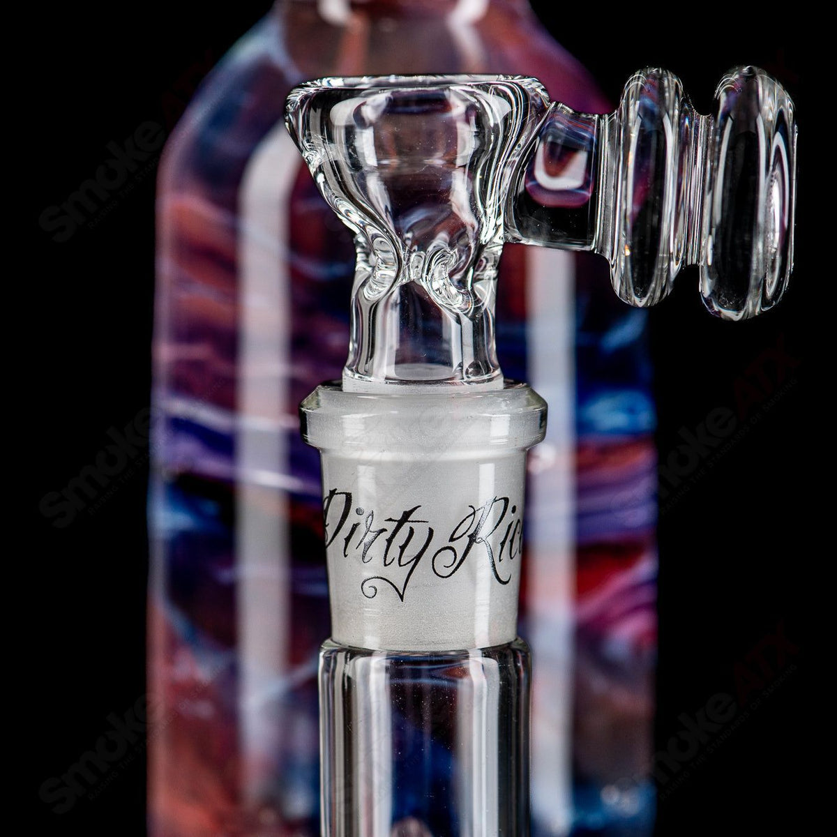 12.5-inch purple, blue, and white Apolocoline straight glass tube with 14mm bowl from Dirty Rico, featuring colorful glass art.