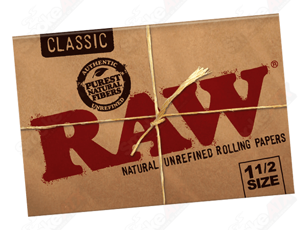 Raw 1 1/2 Classic Raw rolling papers, 420 products, natural thin paper for rolling cigarettes or herbs, shown in package.