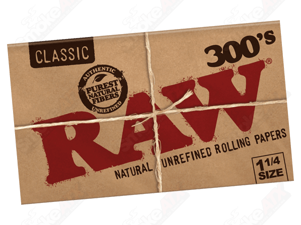 Raw Classic 1 1/4 size 300 rolling papers, natural unbleached hemp material, shown in pack on white background.