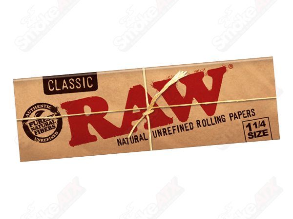 Raw 1 1/4 Classic Rolling Papers for rolling cigarettes, featuring natural unbleached paper in a pack.