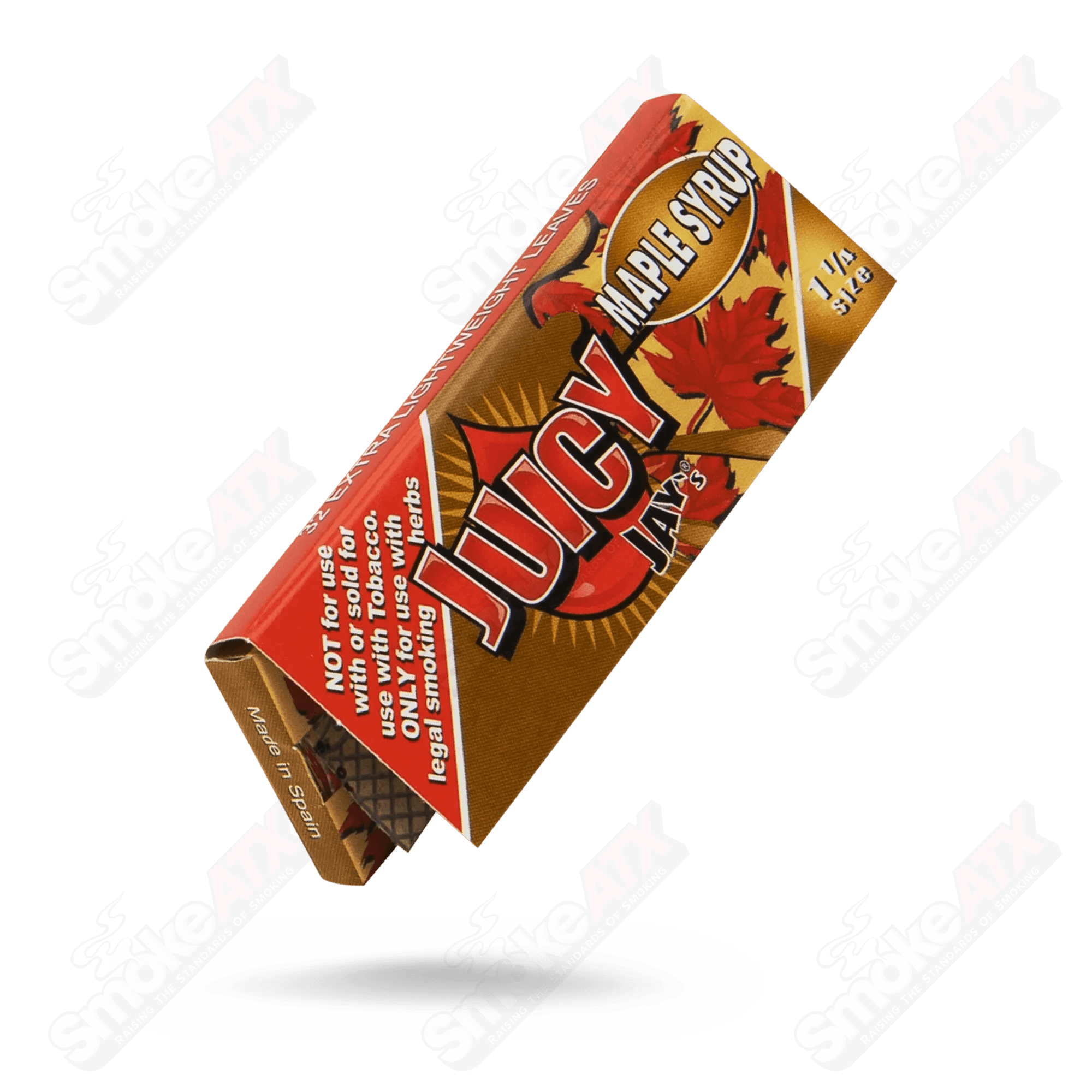 Juicy Jay’s Maple Syrup Rolling Papers, 1 1/4 size, featuring maple syrup flavor and natural rolling paper design.