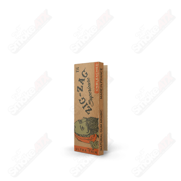 Unbleached Zig Zag 1 1/4 rolling papers from 420 Products, showing natural, lightweight paper with zigzag edges for rolling.