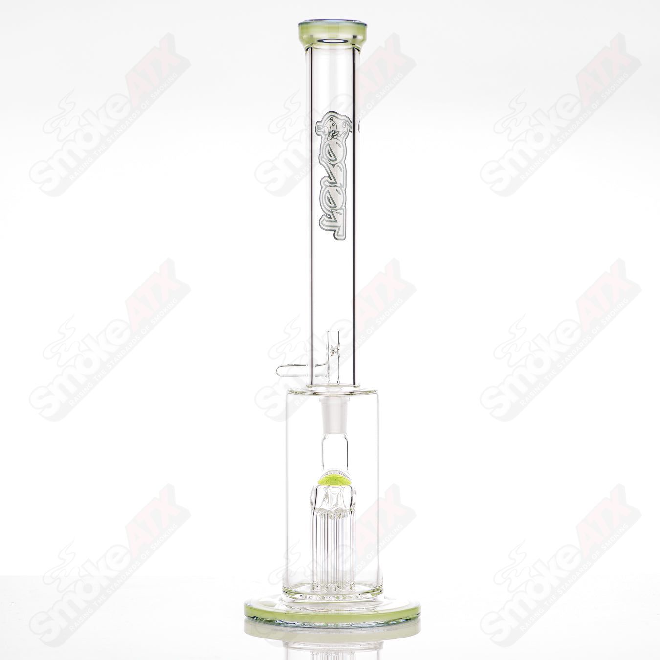 14mm mini tree percolator Toro glass straight tube with colorful accent design, showcasing clear glass and detailed craftsmanship.