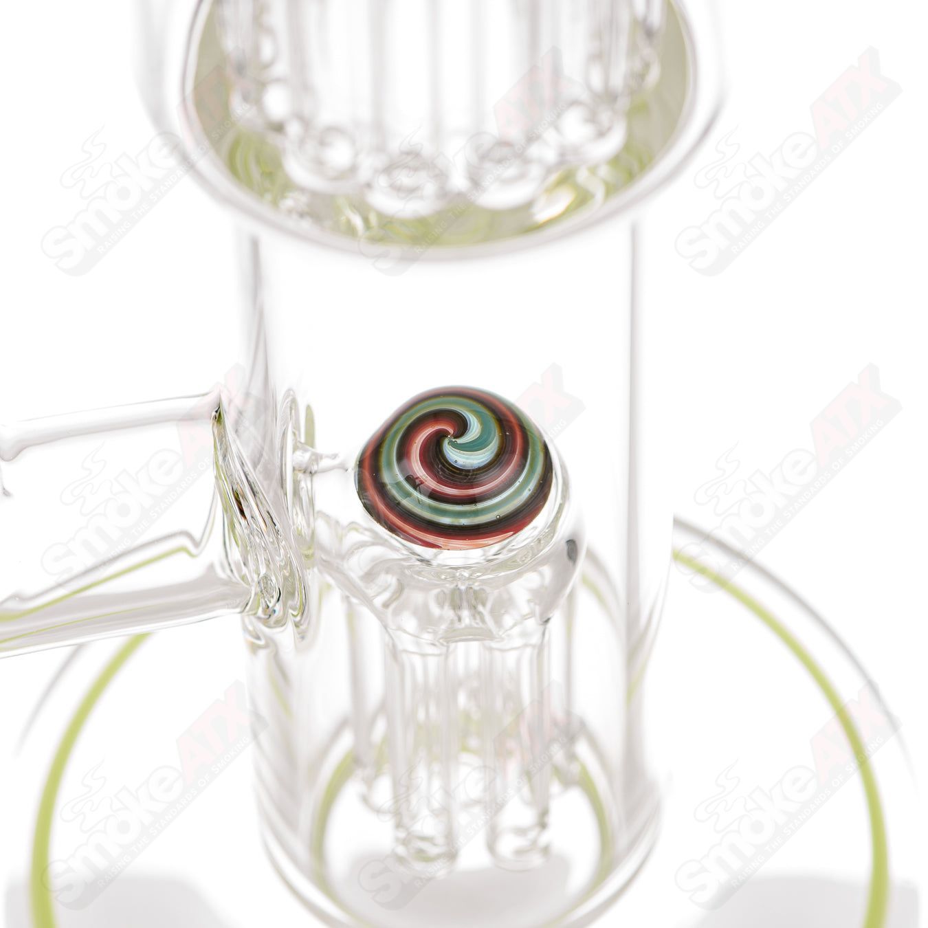 Toro 18mm 7/13 arm perc glass straight tube with worked sections, designed for smooth filtration and a stylish look.