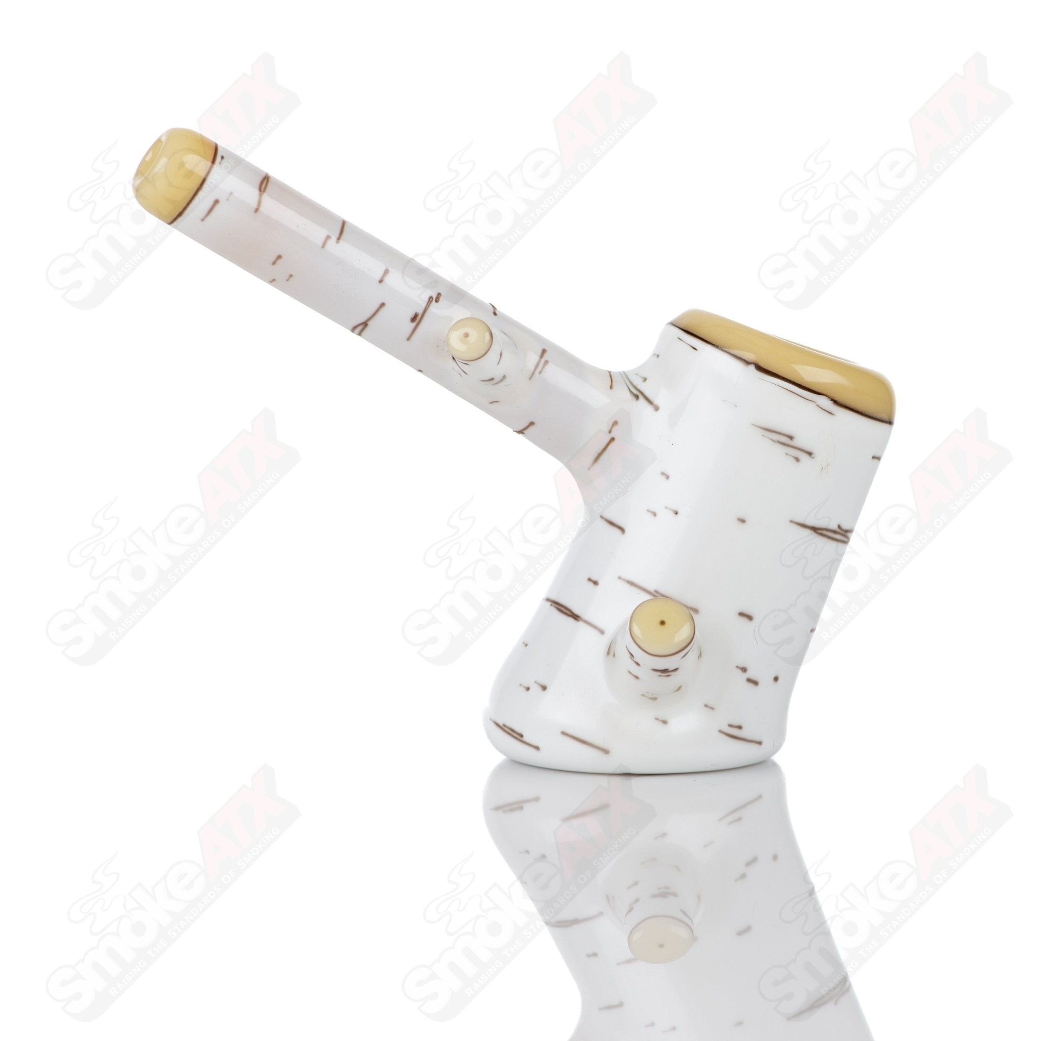 Foster Glass Birch Poker Pipe, a hand pipe made of heady glass with a natural birch wood design and intricate details.
