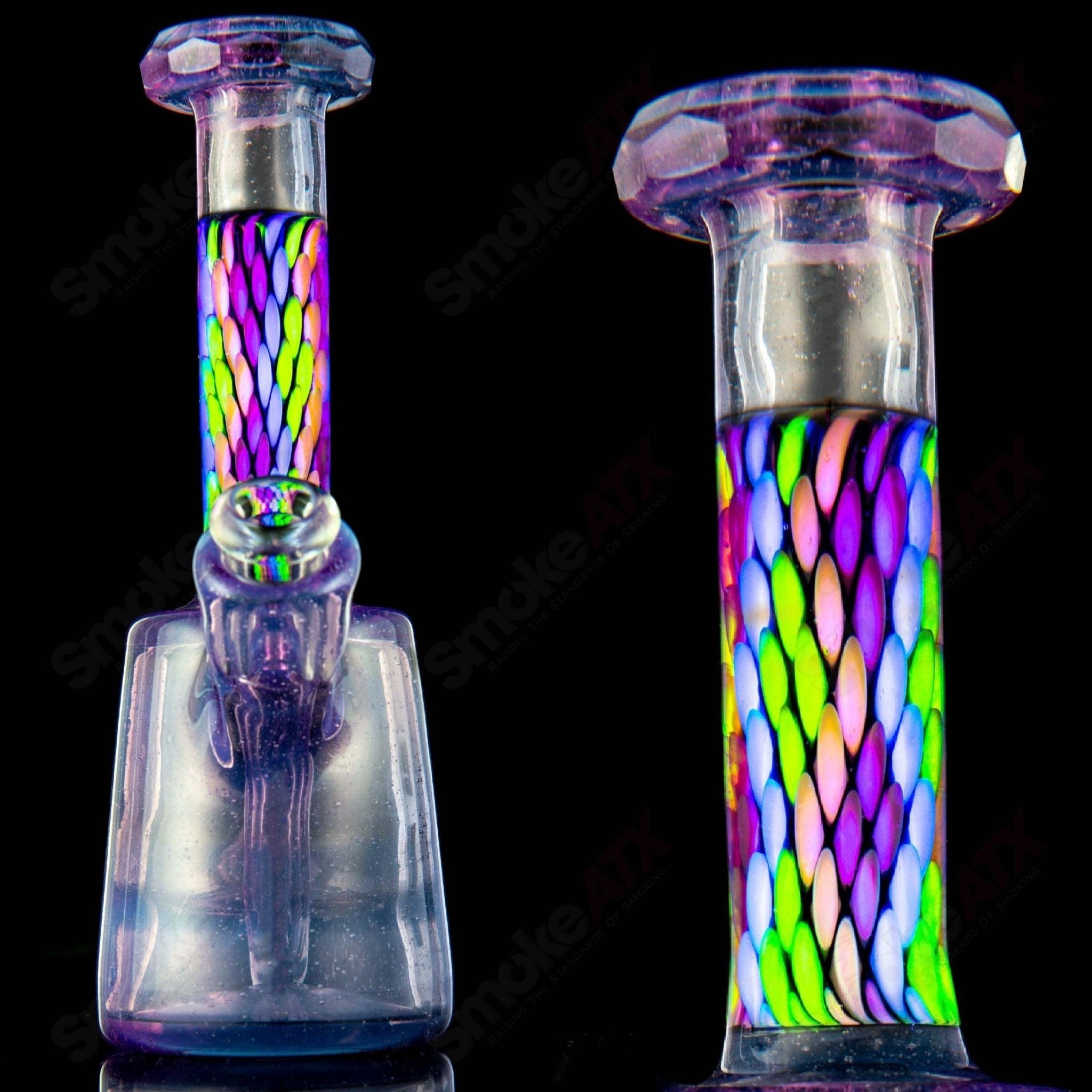 Faceted UV Mini Rig by BCM Glass, a colorful heady glass concentrate rig with detailed design and UV-reactive features.