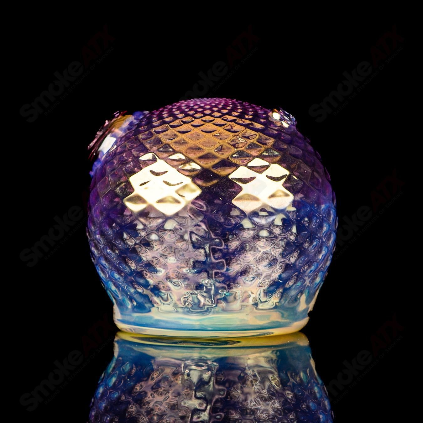 Fumed color sphere rig by James Lang, glass concentrate rig with vibrant fumed glass design and rounded shape.