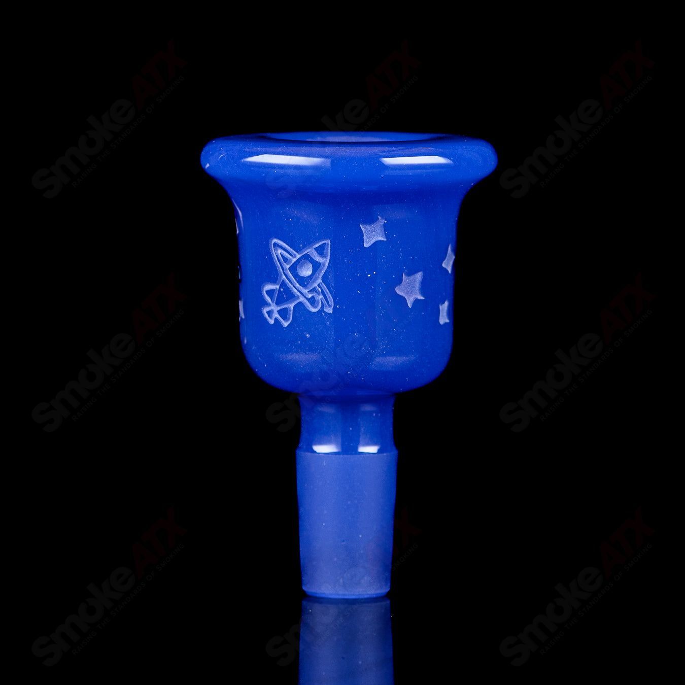 Blue Cheese Blasted Space Cadet beaker by Illadelph, clear heady glass with blue cheese design and scientific beaker shape.