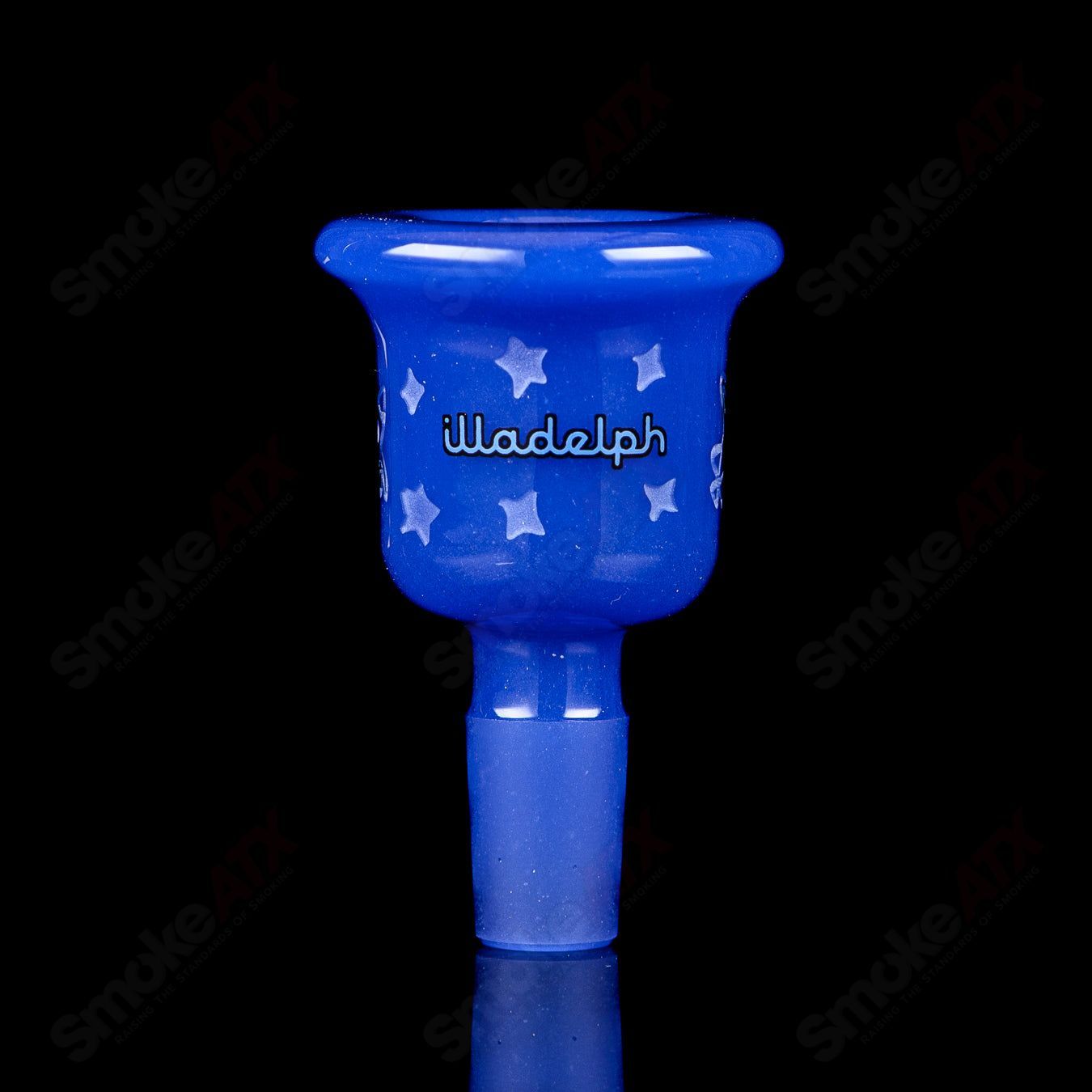 Blue Cheese Blasted Space Cadet beaker by Illadelph, clear glass with blue cheese design, tall laboratory-style shape, thick base.