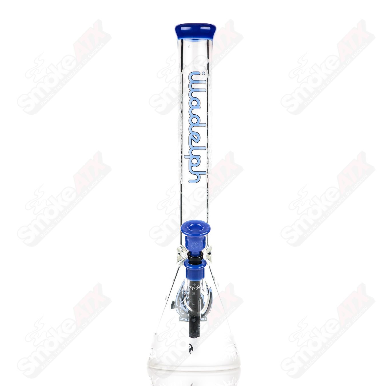 Blue Cheese Blasted Space Cadet beaker by Illadelph, clear glass heady pipe with blue accents and detailed design, on a white background.