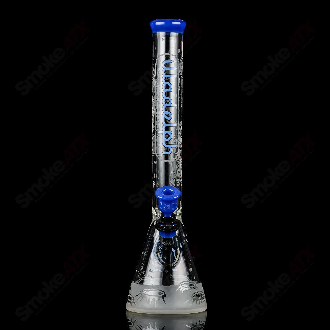 Blue Cheese Blasted Space Cadet Beaker by Illadelph, heady glass bong with vibrant blue design and intricate detailing.