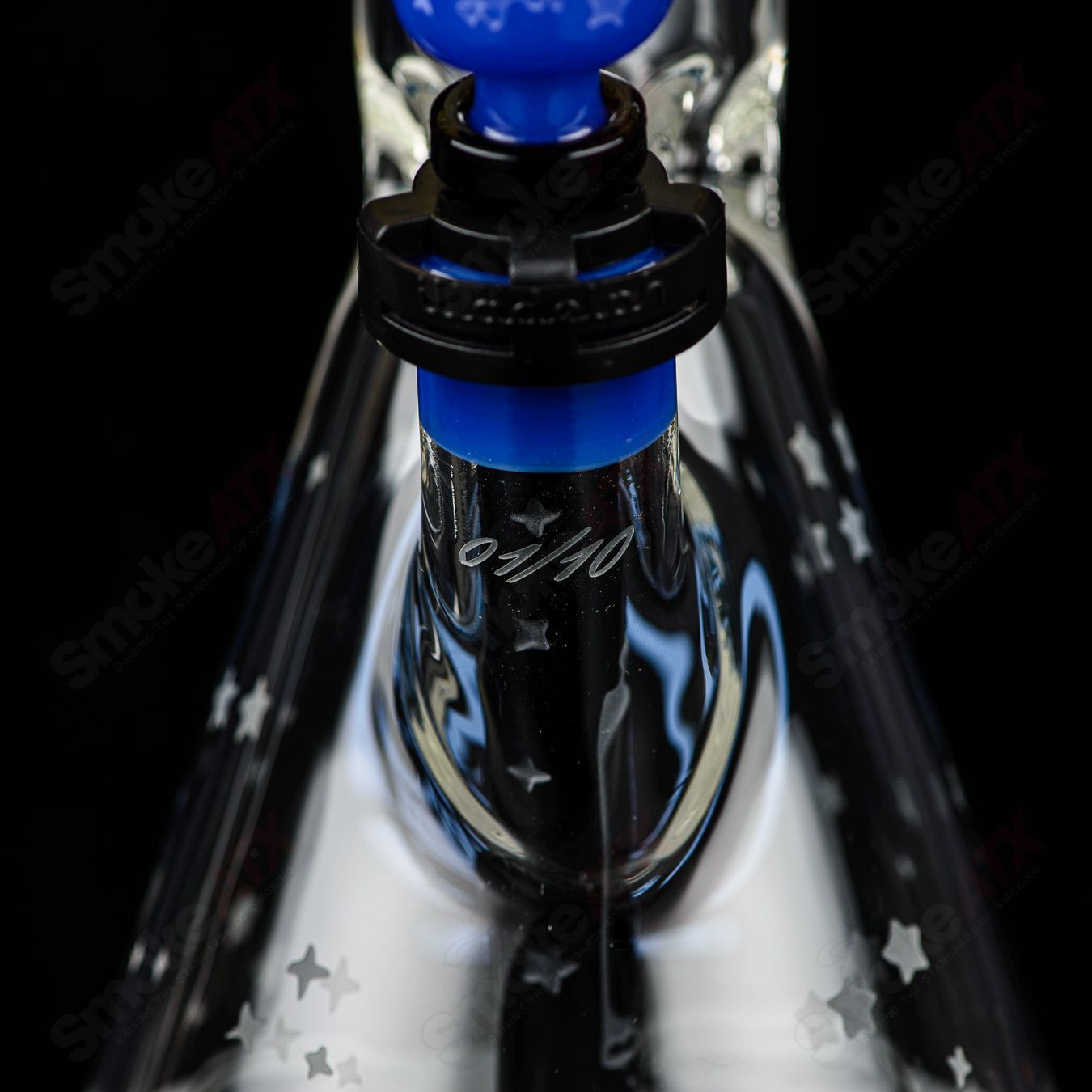 Blue Cheese Blasted Space Cadet Beaker by Illadelph, a clear glass heady beaker with vibrant blue accents and detailed design.