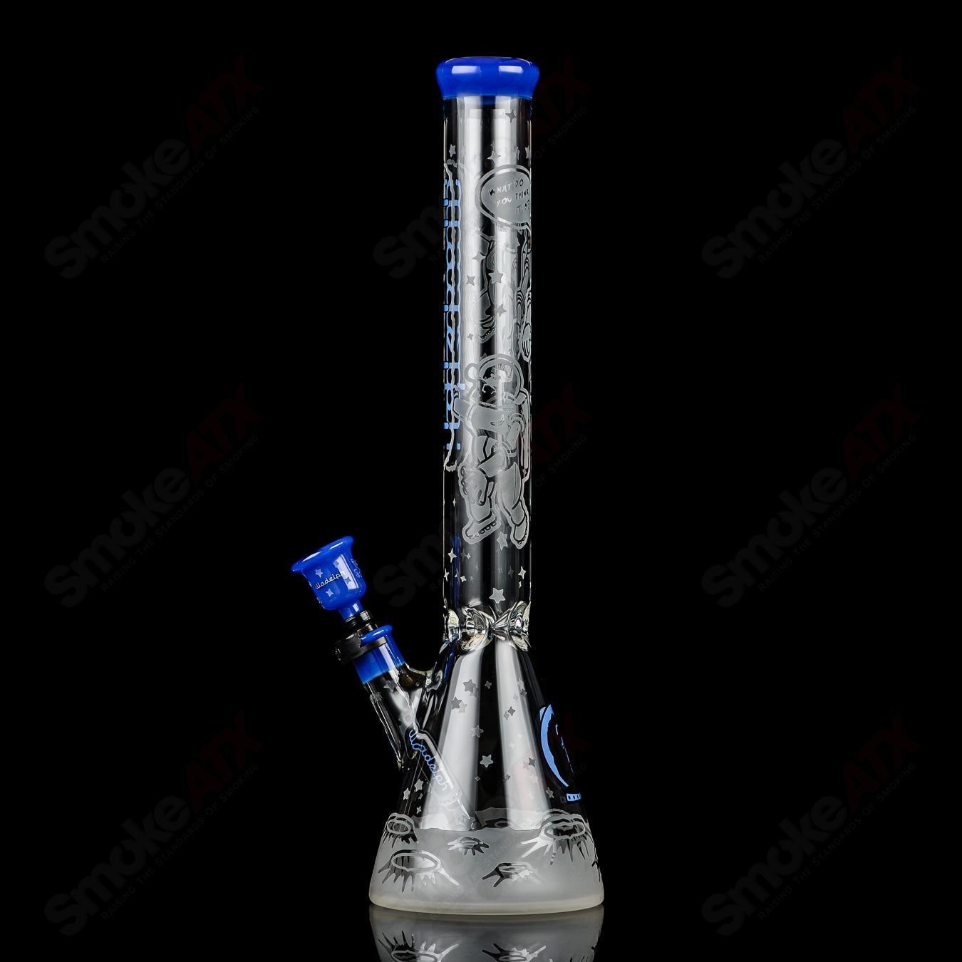 Blue Cheese Blasted Space Cadet beaker by Illadelph, clear glass heady beaker with blue cheese accents and intricate design details.