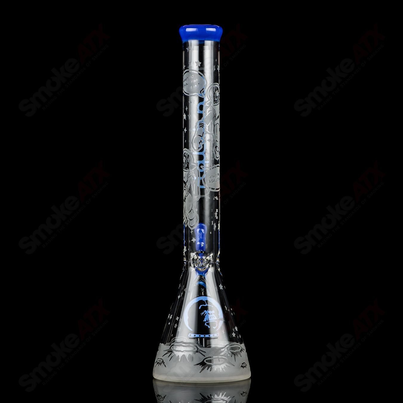 Blue Cheese Blasted Space Cadet beaker by Illadelph, clear glass heady beaker with blue cheese accents and detailed design.