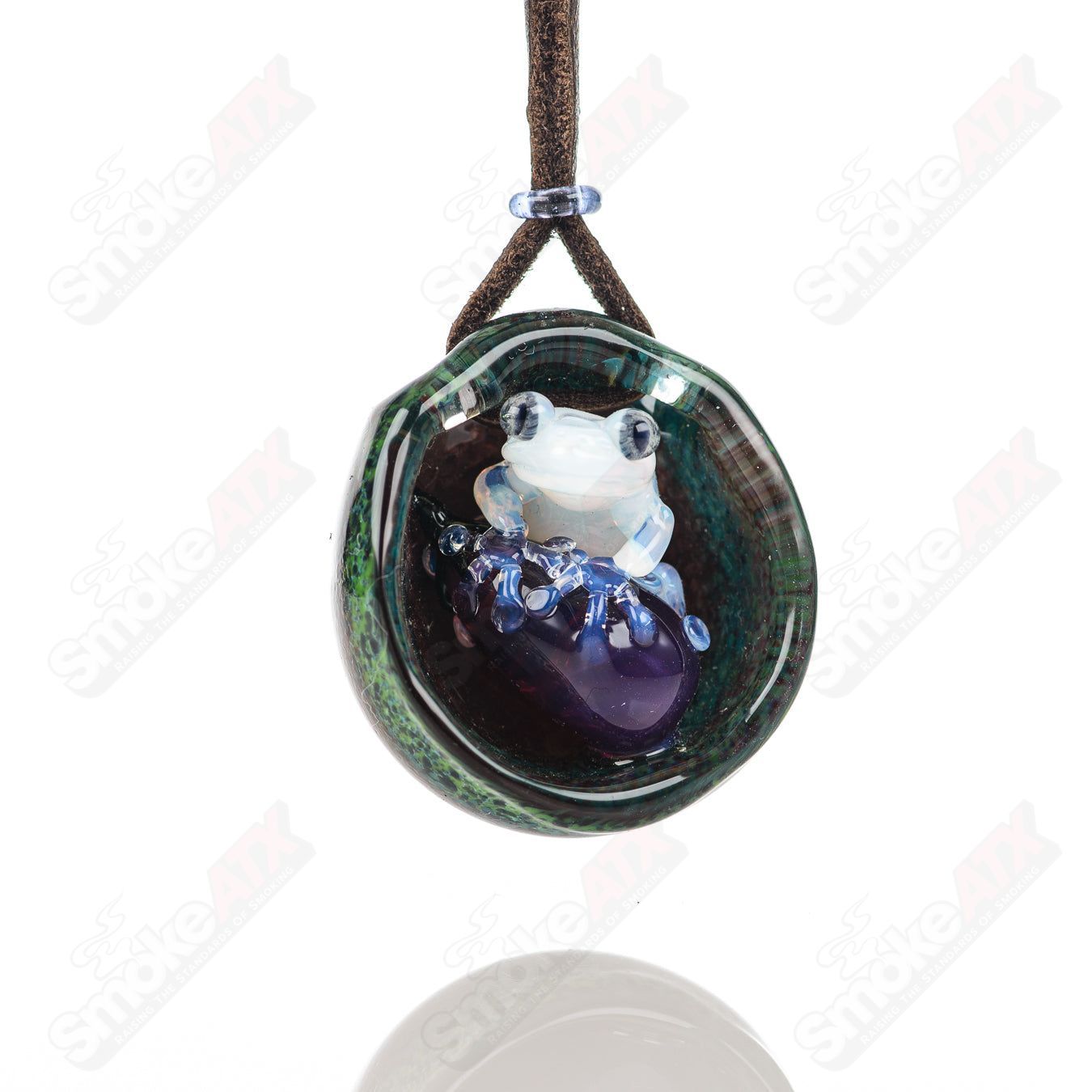 Kengtaro Glass 1-tier 3-frog pendant, colorful heady glass jewelry with detailed frog design on a chain.