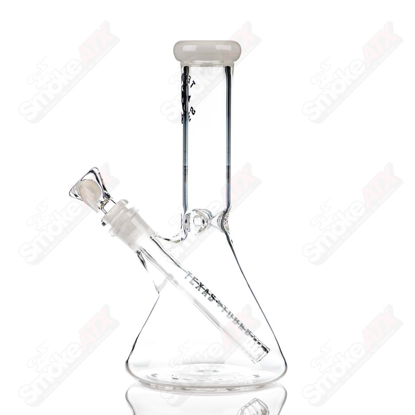 10-inch Texas Tubes beaker with 14mm color accent in star white glass, featuring a classic beaker shape and durable construction.