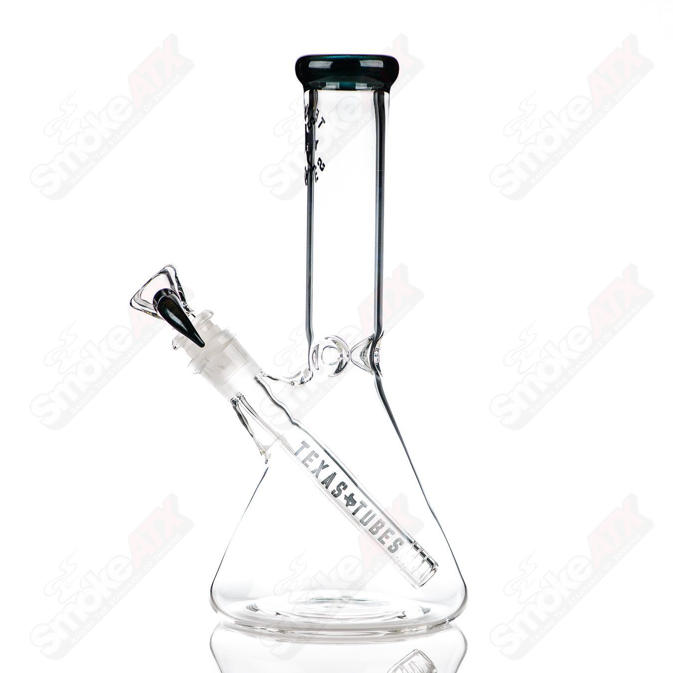 10-inch Texas Tubes beaker with 14mm color accent, made of glass, featuring unobtanium-colored accents and a sturdy design.