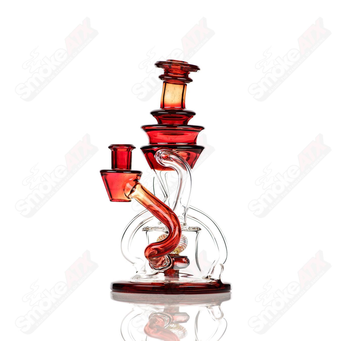 Cerio 10mm V2 Double Up Blood Orange Recycler Heady Glass with experimental design and vibrant orange color.
