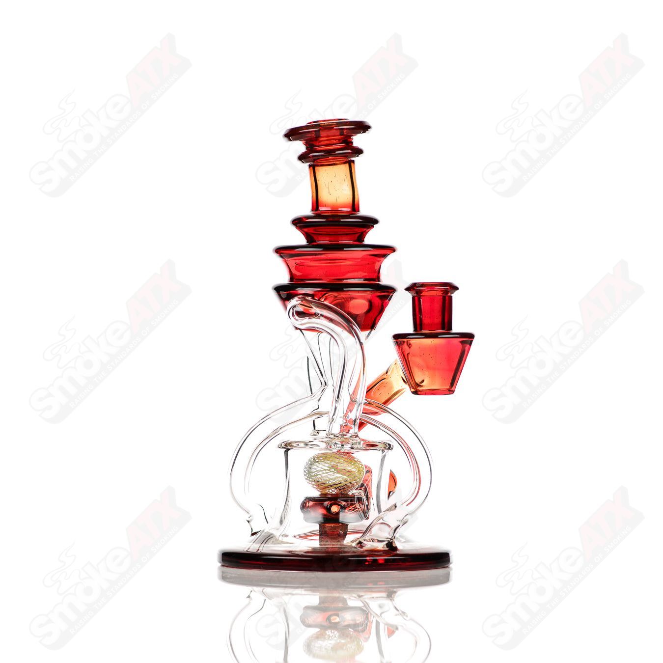 Cerio 10mm V2 Double Up Blood Orange Recycler Heady Glass with intricate glasswork and vibrant orange accents.