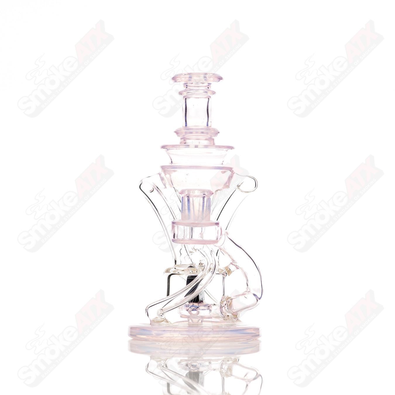 Cerio Heady Glass 10mm V2 Double Up Ghost and Rose Quartz Recycler featuring intricate glasswork and vibrant colors.