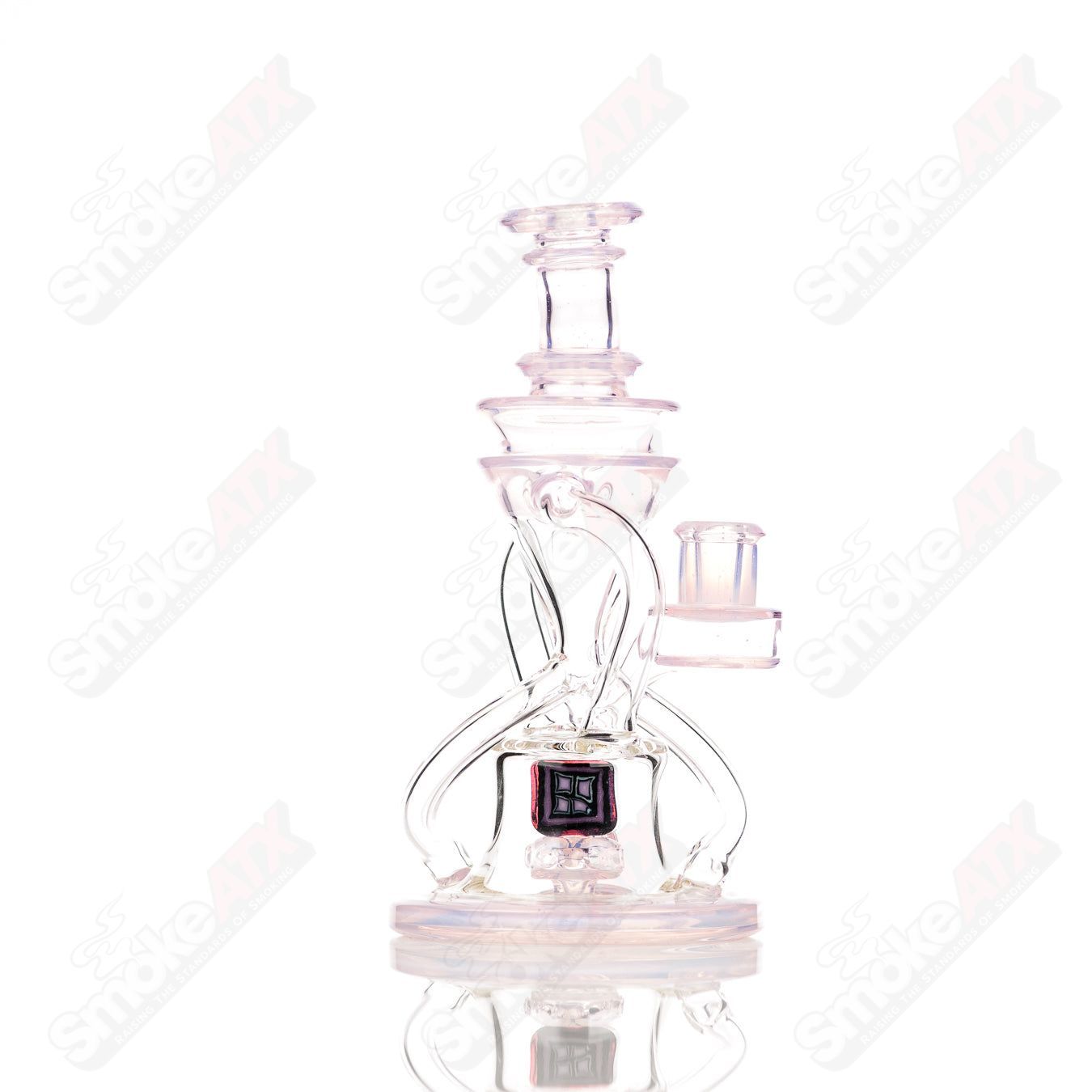 Cerio Heady Glass 10mm V2 Double Up Ghost and Rose Quartz Recycler with intricate glasswork and colorful design.