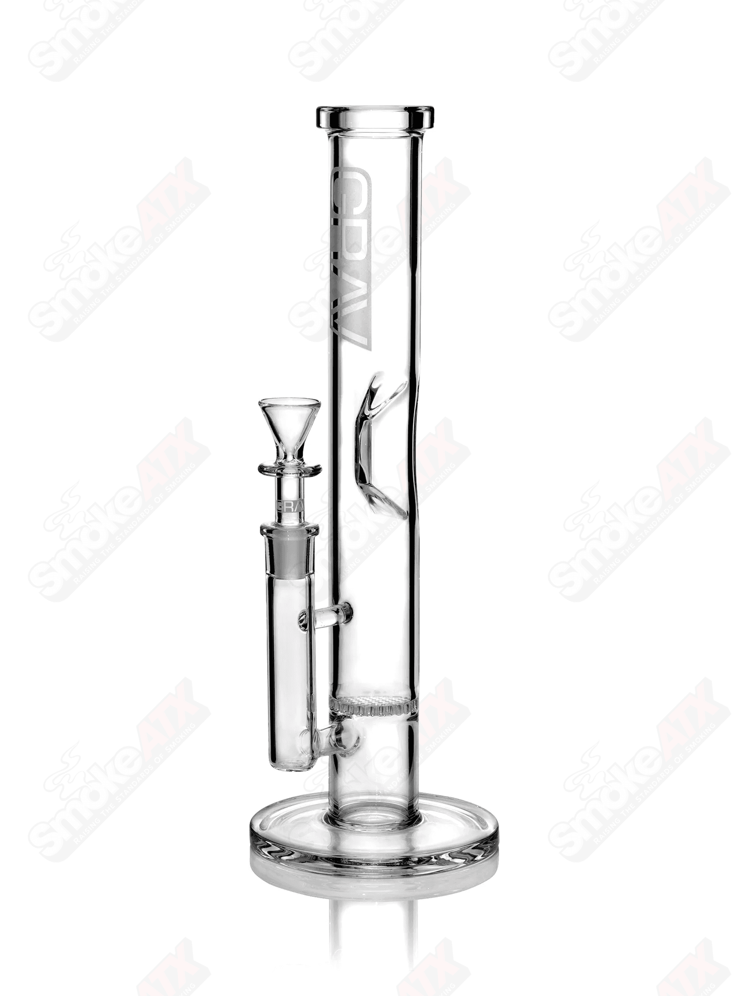 Clear glass 12-inch Grav waterpipe with a medium disk perc and straight base for smooth smoking experience.